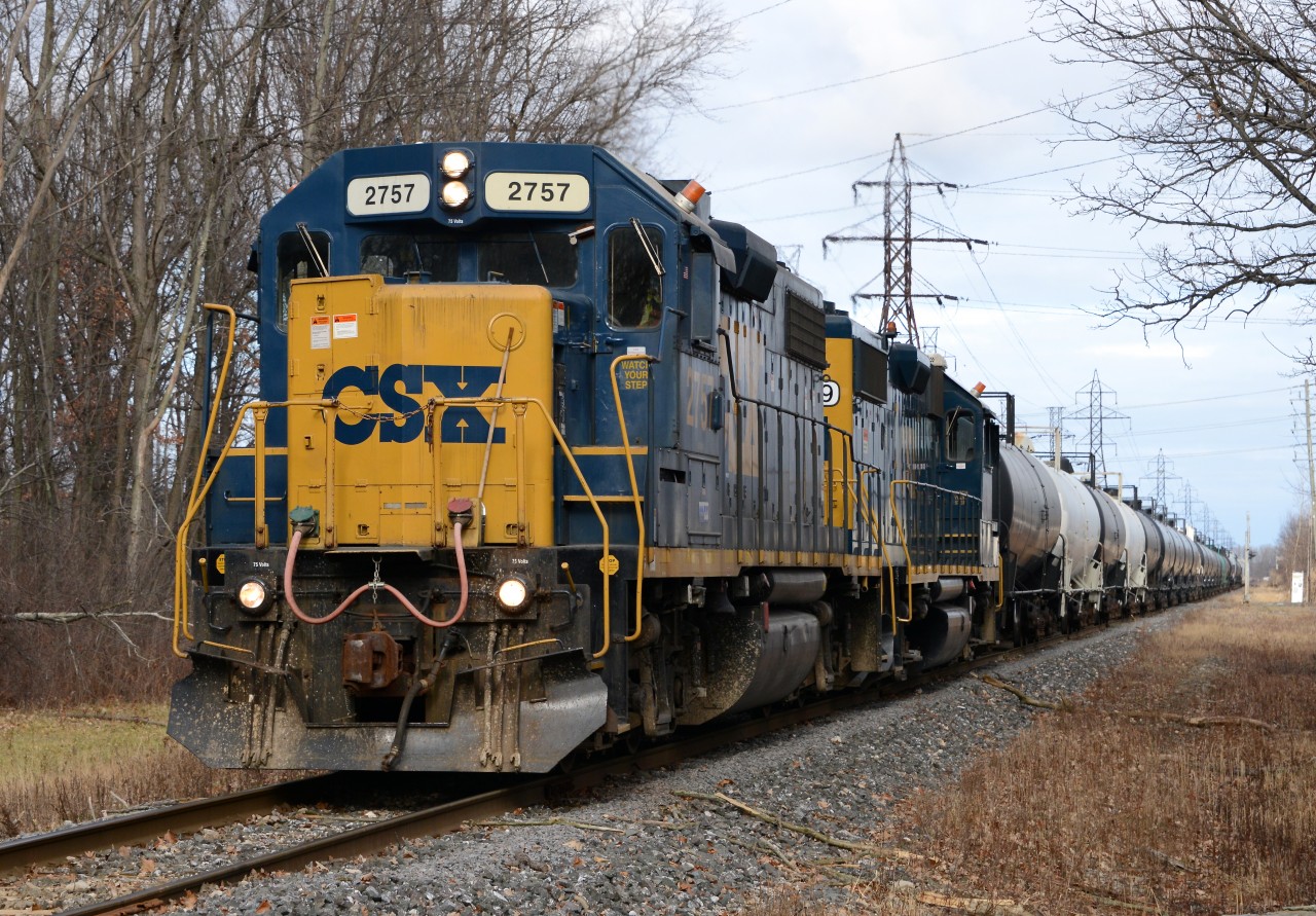 CSX2757 with CSX2799 head south on the CN Industrial Spur at Williams Drive.