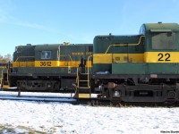 2 of York Durham Heritage Railway's finest; ALCO RS-11 3612 and MLW RS-3 22 sit next to each other next to their station in Uxbridge, ON.