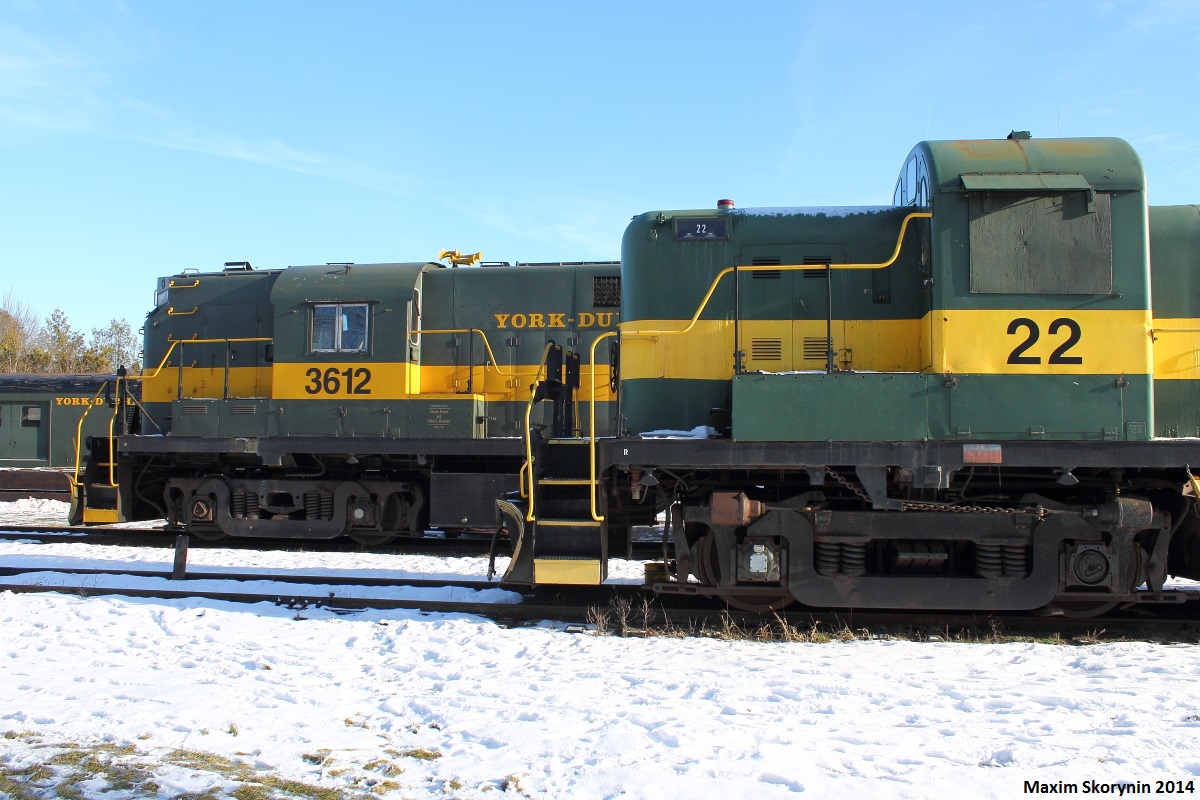2 of York Durham Heritage Railway's finest; ALCO RS-11 3612 and MLW RS-3 22 sit next to each other next to their station in Uxbridge, ON.
