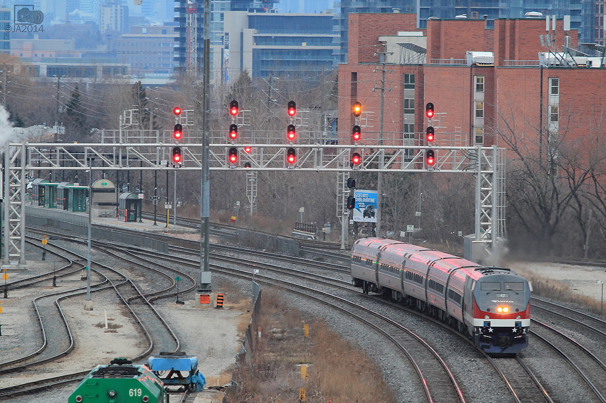 The Veterans unit Amtrak 42 leads today's Maple Leaf making it's way through Toronto and on route to New York City Penn Station.
