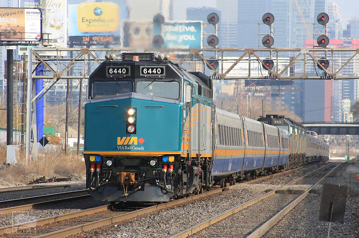 HIGH BALL! A Via rail F40PH-2D is in charge of an equipment move on it's way to Mimico. Such rare moves are only seen between Toronto and Mimico where the TMC is located.
