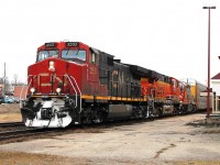 Whilst the rest of Ontario was hit with snow, the only snow at Ingersoll was on the front of the westbound locos. 393 had CN2537, BNSF 7458 & QNSL 311 for power.