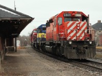 Having delivered autoracks up the Kitchener Sub The four locos head east past the old Galt station to re attach to the train. The train then sped off west.