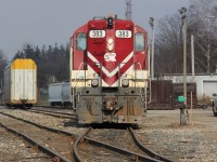OSR 383 and 378 rest in front of the Woodstock freight depot prior to doing work. Time 13:14.