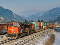 After a crew change in Boston Bar, CN 2287 and 2310 pull down the main with a short, 5001' Q101. The new crew will take the train all the way to its destination of Robert's Bank.