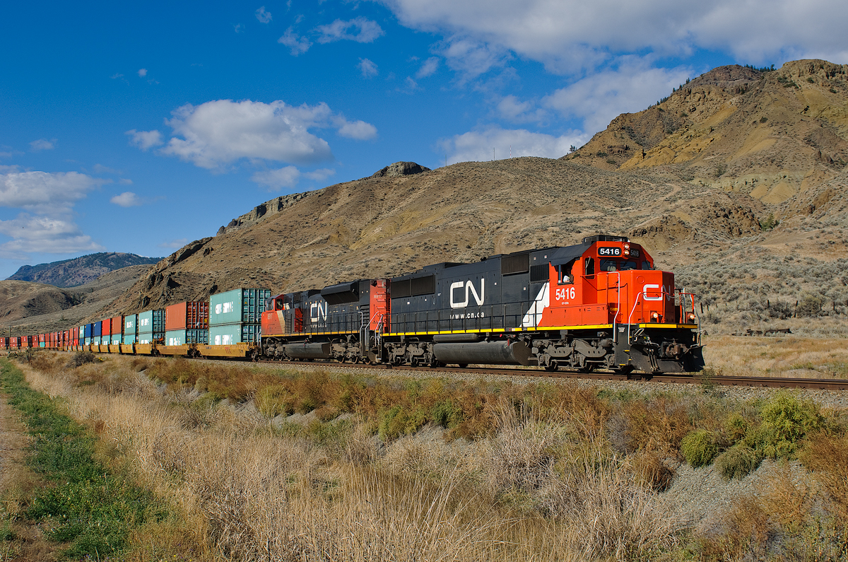 CN SD60 5416 speeds towards Kamloops, operating between Kissick and Mann on CN's Ashcroft Sub.