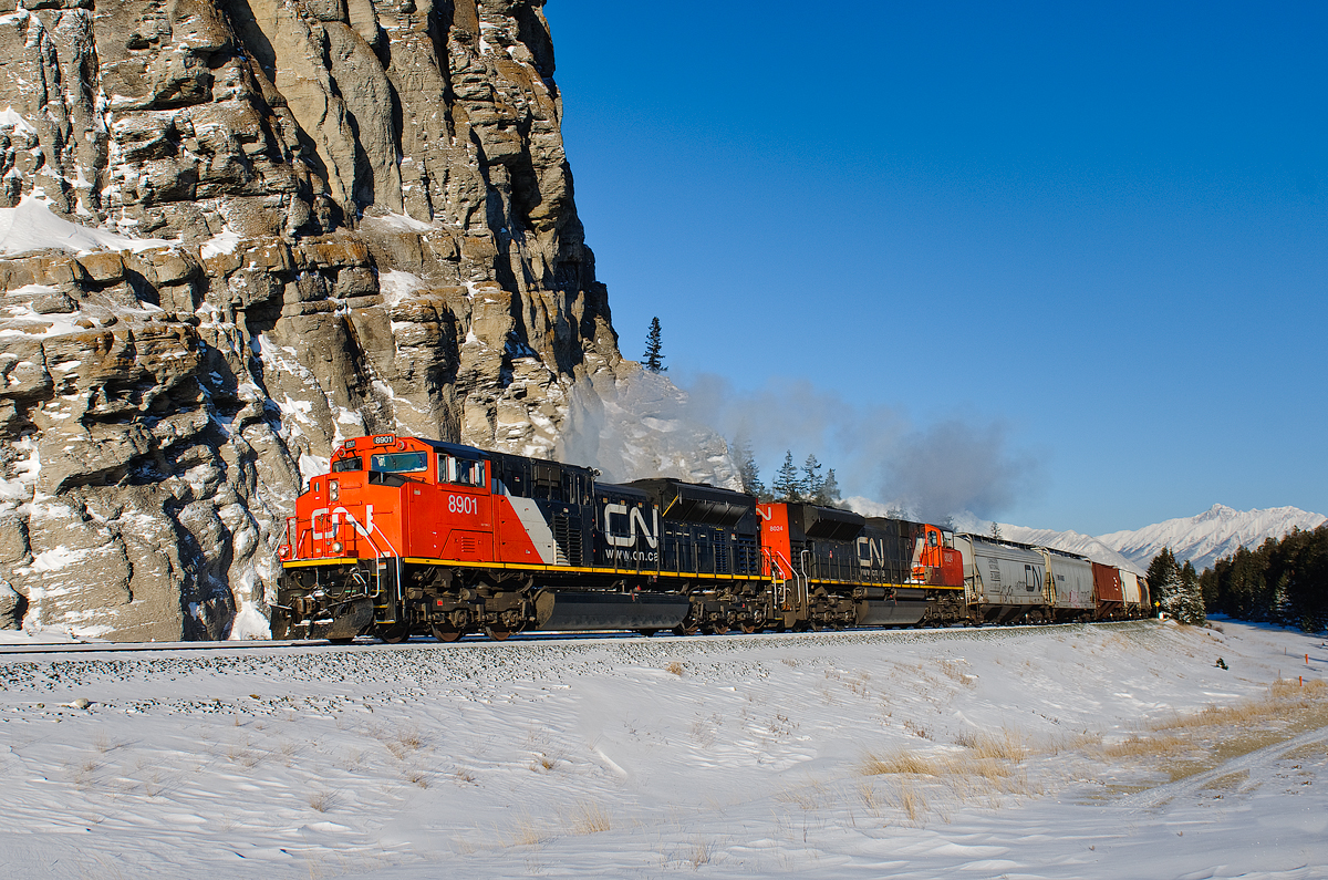CN SD70M-2s 8901 and 8024 pull towards Jasper with train M303.