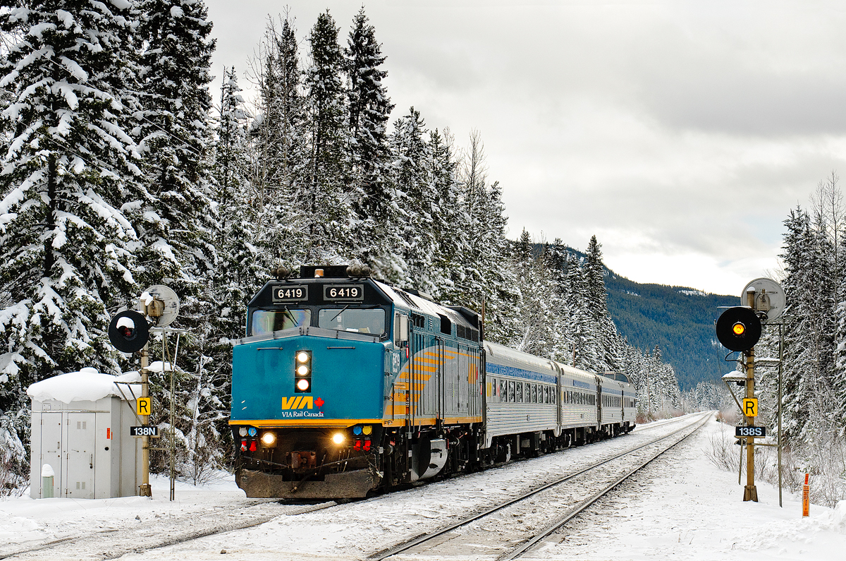 VIA Rail Canada's (Jasper) Santa train accelerates westward on CN's Albreda Sub. Using the equipment from the Skeena and an additional two coaches, a volunteer VIA Rail crew will operate this train twice today, taking it from Jasper to Yellowhead (17.5 miles west of Jasper) and then reversing back to Jasper. Santa meets the train and its young passengers at Yellowhead.