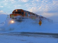 After being lifted in Goderich, GEXR 2303 leads 518 to Stratford kicking up snow and busting through snow drifts along the way. 