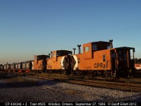 Triplets..... 3 CP vans bring up the rear of CP train #503 as they pass CN Windsor South, on their way 'down the tube' to Detroit back on September 27, 1989.
