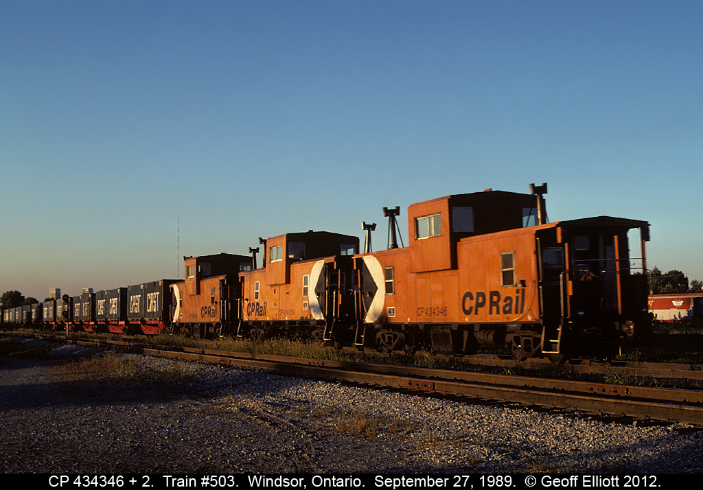 Triplets..... 3 CP vans bring up the rear of CP train #503 as they pass CN Windsor South, on their way 'down the tube' to Detroit back on September 27, 1989.