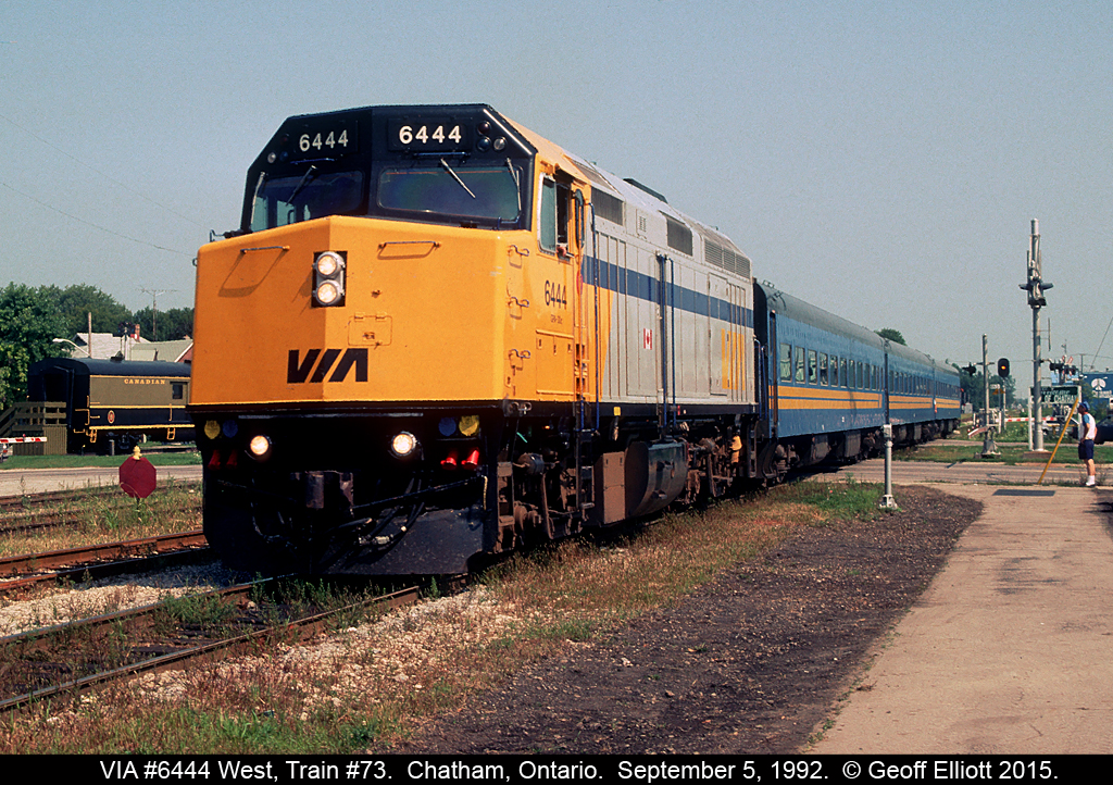 VIA 6444 heads up train #73 on a beautiful August afternoon in 1992.  This photo is long ago history bug sadly 6444's recent history is much sadder as it was involved in a fatal accident almost 20 years later on February 26, 2012 when the 3 crew in the cab were killed near Burlington, Ontario.  The train ran through a crossover at a higher than recommeded speed causing the train to derail, and subsequently rolling the unit and train onto it's side, killing the head-end crew.