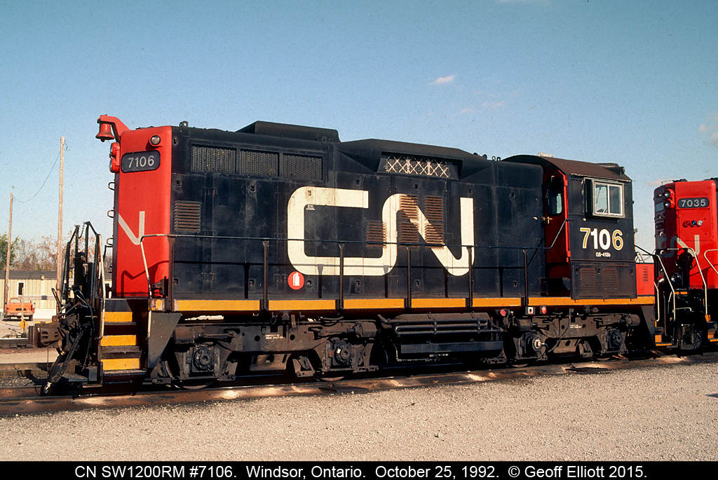 SWEEP!!!  No we're not curling, but still this is truly Canadian.  CN's SW1200RSm #7106 sits in Van De Water yard in Windsor, Ontario back in 1992.  These units were built using SW1200RS's and placing a GP9 long hood on the frame, hence the term "Sweep".  These were pretty common in Windsor for quite some time in the early 90's and I think we had all 8 that were on the roster in at one time or another.