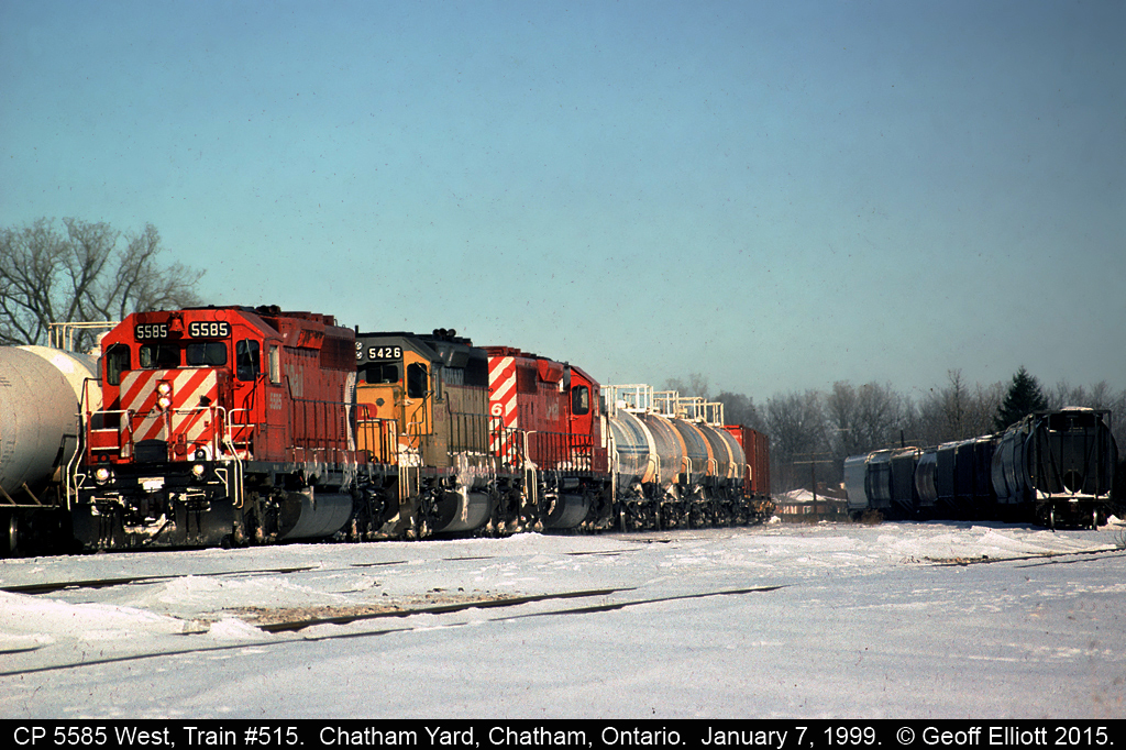 CP 5585 West, Train #515, rounds the curve as it rolls down the main through Chatham Yard on it's way to the NS in Detroit back in January of 1999.