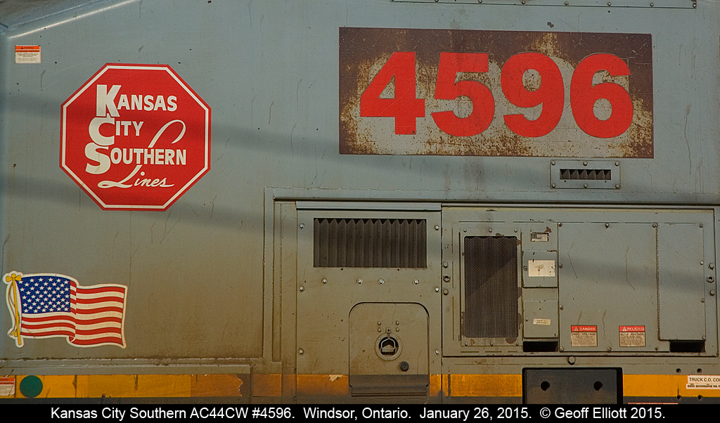A different view of Kansas City Southern AC44CW #4596 as it, and the rest of the power for CP 242-26, back onto their train in Windsor, Ontario on January 26, 2015.