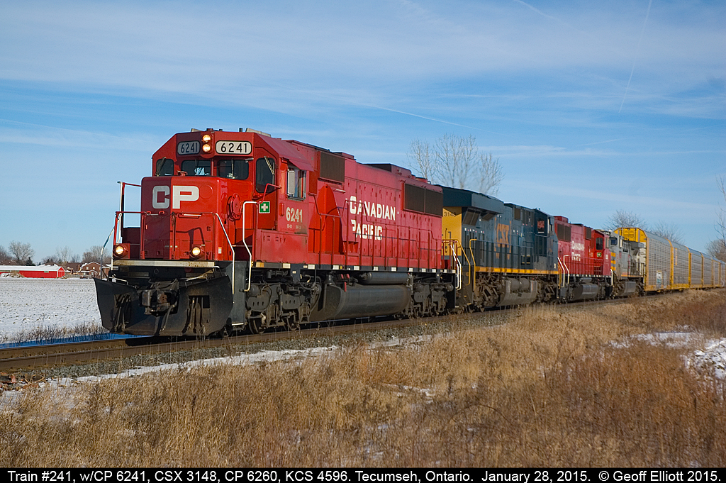 Beautiful afternoon light, and a great consist.  What else could a Railfan ask for?  Here CP SD60 6241, ex-SOO 6041, leads CSX 3148, CP 6260, and Kansas City Southern 4596, as it quickly approaches Begin/End CTC Sign Walkerville of CP's Windsor Subdivision on January 28, 2015.