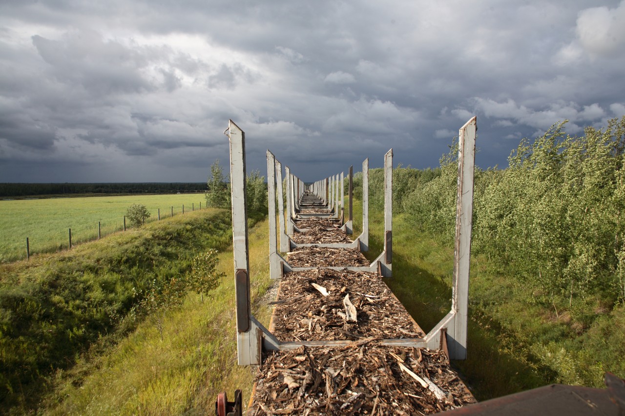 After setting off 24 log loads at the Alpac Mill, we grabbed 24 empties and headed to Boyle and Lac la Biche as Train 109.
While the sun is highlighting our train,  a look back over the consist shows we are racing a rapidly approaching storm.
About 20 minutes later, the skies opened.