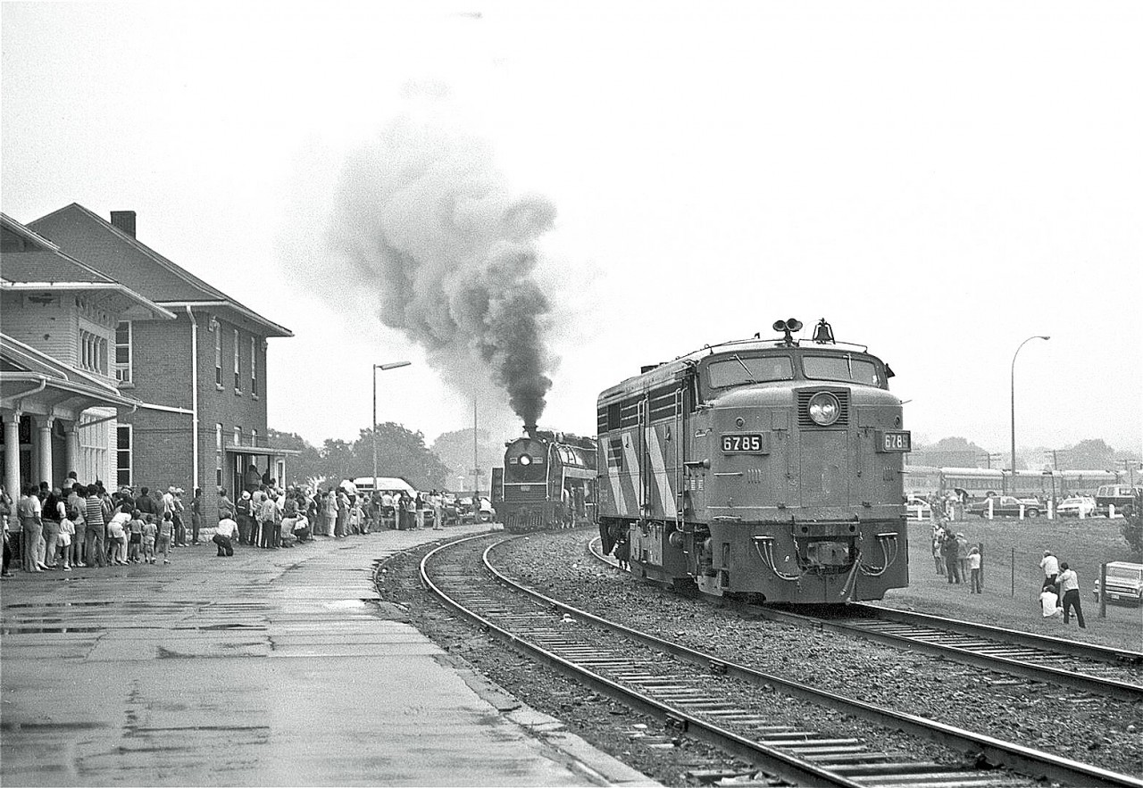 All eyes are fixed on Mountain-type 6060 as she executes an impressive runpast at Allandale Station.  FPA-4 #6785 served as her running partner on this excursion from Toronto.  Rated at 1,800 HP, #6785 was built by MLW around 1958.