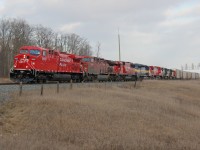On the last day of 2014, CP 147 rolls into Wolverton to do work with an impressive and over-powered lash-up: CP 9522 (freshly repainted), CP 9583, CP 6229, DME 6200, CP 9546 (also repainted), CSXT 7870, NS 9895 and CP 5920.