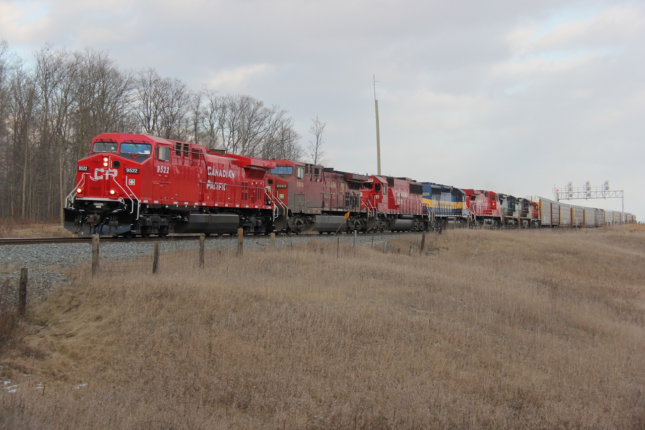 On the last day of 2014, CP 147 rolls into Wolverton to do work with an impressive and over-powered lash-up: CP 9522 (freshly repainted), CP 9583, CP 6229, DME 6200, CP 9546 (also repainted), CSXT 7870, NS 9895 and CP 5920.