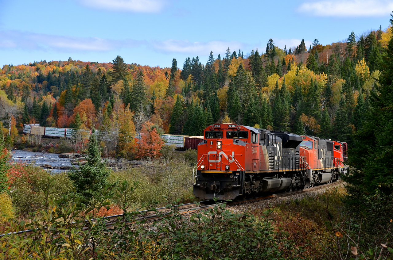 CN 369, heavily loaded with woodchips, lumber, aluminum and other products from northern Quebec heads south past the famous Club Arlau curve with fall foliage adding a colorful touch. Head end power is three GMD units (CN 8884, CN 5765 & CN 9590) with two more units mid-train (CN 5676 & CN 2235) helping this train get to the next crew change at Garneau Yard without breaking a knuckle (a not uncommon occurrence on this up and down subdivision).