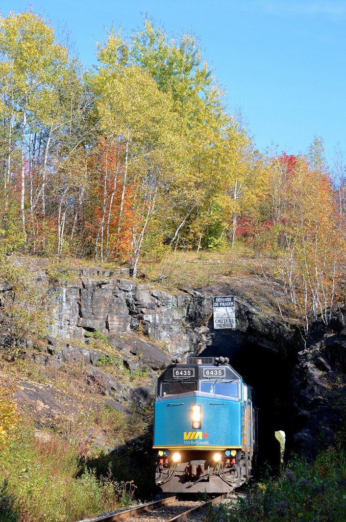 VIA 600/604, the combined train from Senneterre and Jonquière is passing one of CN's few tunnels in northern Quebec with VIA 6435 leading as it passes through Shawinigan, on its way to Montreal.