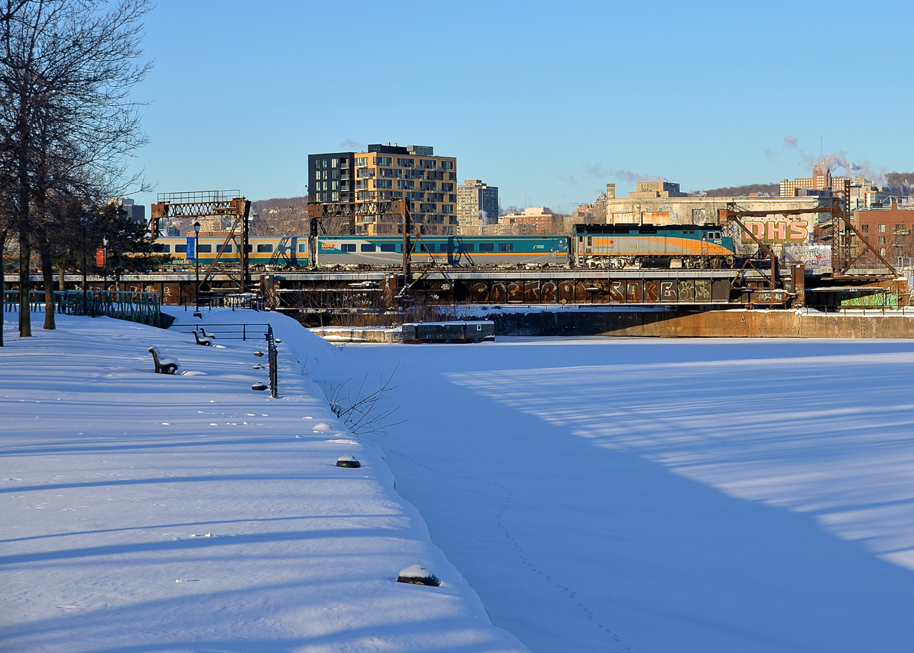 VIA 33 from Quebec City is inbound towards Montreal's Central Station on a clear but frigid morning. After dropping off and picking up passengers it will back up and head towards Ottawa.