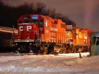 A cold winter night at Kinnear as the power idles in the yard with GP38-2 and two GP9u