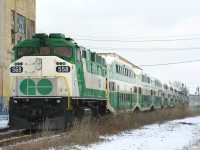GO Transit's first run on the GEXR Guelph Sub. On the Sunday before the first day of regular GO train service between Kitchener and Toronto (December 19, 2011), GO ran an excursion for passengers. Here we see movement of the very first GO run from Kitchener, and an older GO F59PH brings up the rear.