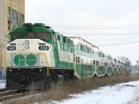 GO Transit's first run on the GEXR Guelph Sub. On the Sunday before the first day of regular GO train service between Kitchener and Toronto (December 19, 2011), GO ran an excursion for passengers. Here we see movement of the very first GO run from Kitchener, and an older GO F59PH brings up the rear. 