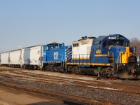 SOR 496 is seen backing into the yard in Brantford after working Ingenia for the better part of the morning.  RLK 4003 and CEFX 1569 were providing the power for the job today, RLK 4003 lead long hood forward down this morning with CEFX 1569 on the opposite end of the train.