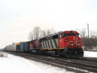 An eastbound mixed freight pulled by CN 5526 and CP 8655. The first time I have seen a CP loco on the main at Ingersoll!