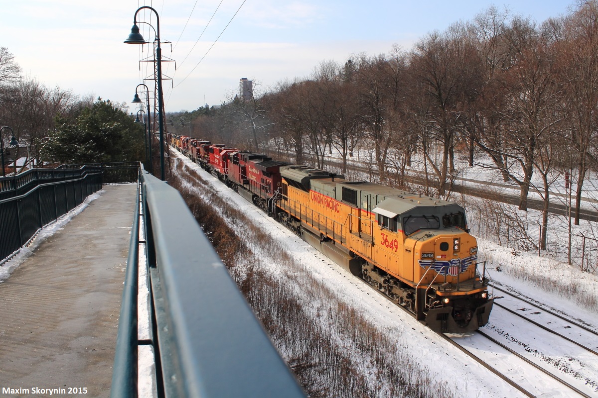 Canadian Pacific oil train 550 heads east thundering by Rosedale with 8 locomotives in charge, including a Union Pacific SD9043MAC leading and 2 other UP locomotives, and a few CP locomotives in the trail. I'm definitely happy to be one of the people to bag this one.