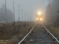 Rocking back and forth on a rickety branchline, 580 heads north on the former Fergus sub in a bid to service the industries in Guelph.