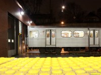 Toronto Transit Commission H5 subway car 5749 waits at the north end of Davisville Yard's shop complex, awaiting the chance to go inside for a little TLC on this dark damp Friday evening.