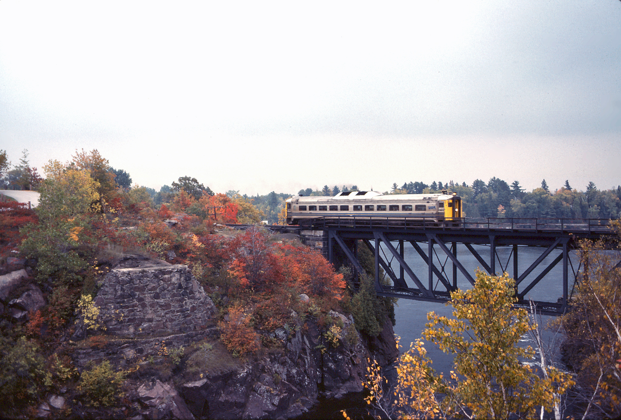 VIA 177 crosses the Sturgeon River, in Sturgeon Falls shortly into their journey from North Bay to Sudbury.