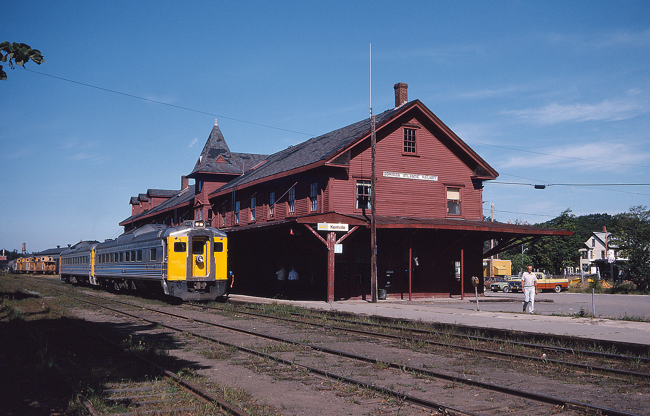 VIA 152 performs their passenger stop at the former Dominion Atlantic Railway station in Kentville, Nova Scotia during their daily run from Yarmouth to Halifax.  This service was cut during the 1990 VIA cut backs and the tracks have been converted to a rail trail.