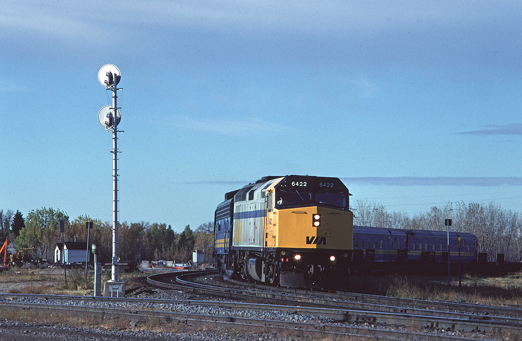 Via #4 comes around the wye at Portage Jct. as it approaches its Winnipeg stop.