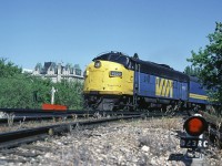 Via Rail FP9A 6520 leads train #109 out of the station in Winnipeg. Train #109 operated over the CN line to Edmonton replacing the service formerly provided on that route by the Super Continental. 