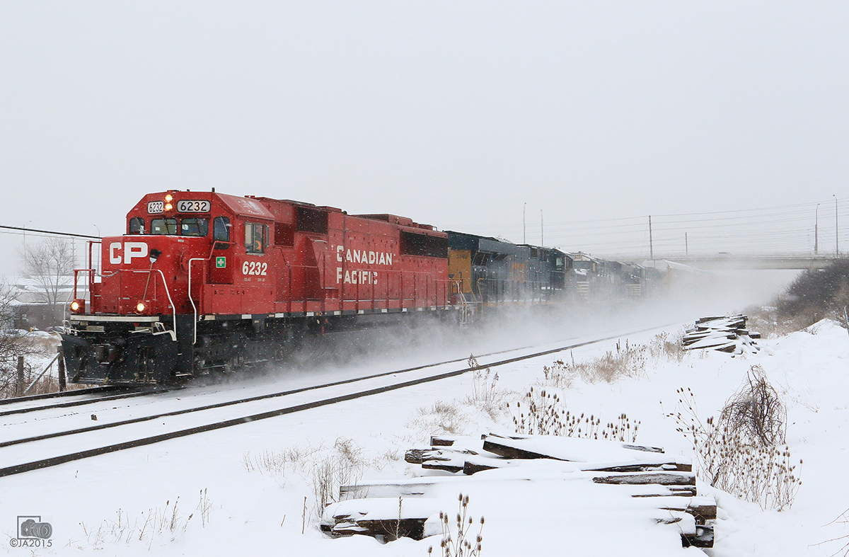 CP 147 makes its way west across the Galt Sub on a snowy Sunday afternoon.
