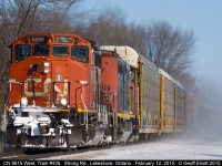 It's not any warmer now than when I shot CP 9362 in St. Joachim earlier today as CN GP40-2W #9615 leads a C40-8M on train #439 as it approaches Strong Road in Lakeshore, Ontario.  439 is making good time as can be seen by the amount of snow the train is kicking up on it's way to Windsor.