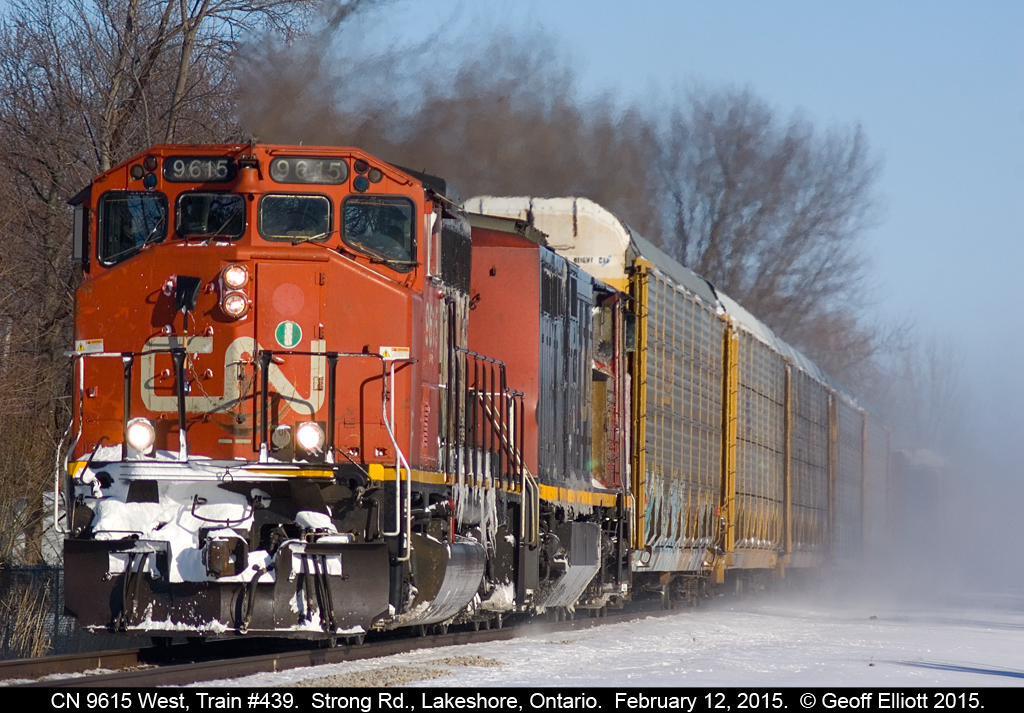It's not any warmer now than when I shot CP 9362 in St. Joachim earlier today as CN GP40-2W #9615 leads a C40-8M on train #439 as it approaches Strong Road in Lakeshore, Ontario.  439 is making good time as can be seen by the amount of snow the train is kicking up on it's way to Windsor.
