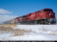 Yes, it is as cold as it looks, as CP 9362, with train 640-018, kicks up snow as it rolls east toward St. Joachim, Ontario on February 12, 2015.