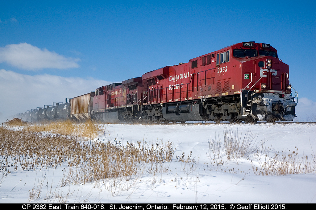 Yes, it is as cold as it looks, as CP 9362, with train 640-018, kicks up snow as it rolls east toward St. Joachim, Ontario on February 12, 2015.