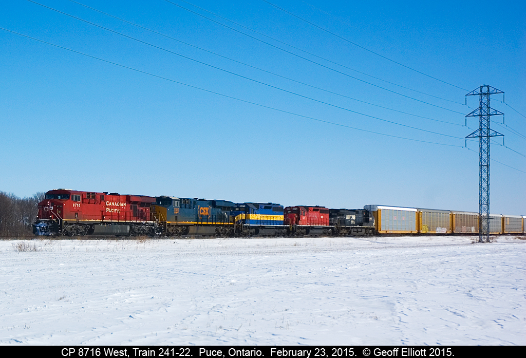 Colorful to say the least.  Here we have CP 8716 West, train 241-22, leading a mix of color with CSX 3080, DME 6071, DME 6072, and NS 9842 as they approach Wallace Line on February 23, 2015.