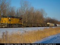 Canadian National C40-8 #2008, a former Union Pacific unit, leads a very long train #439 through Puce, Ontario on a beautiful late February afternoon. This unit is ex-UP 9035 and was built as Chicago & North Western 8504 in July of 1989. Looking at this unit just goes to prove to me that old Used Car Salesmen don't die, they move on to selling old, beat up locomotives!!! Hard to believe that CN, being so power short, they actually went out and bought 25 year old locomotives to rebuild and supplement it's roster.