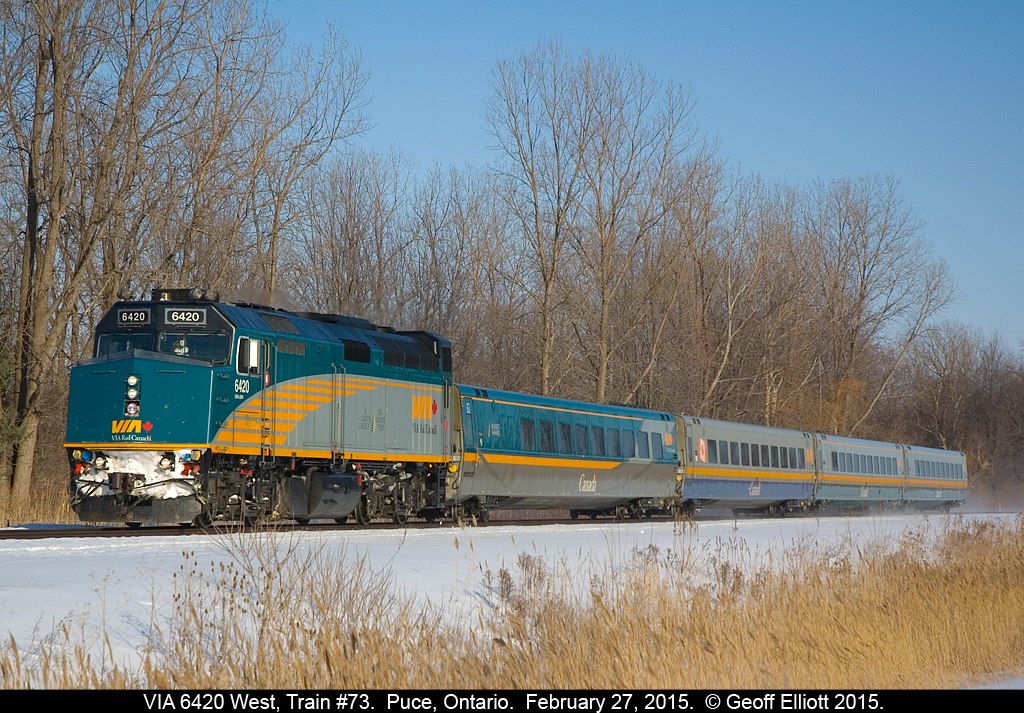 VIA 6420 has control of train #73 as it nears it speeds through Puce, Ontario nearing it's final destination of Windsor on a beautiful, but still very cold, February 27th.