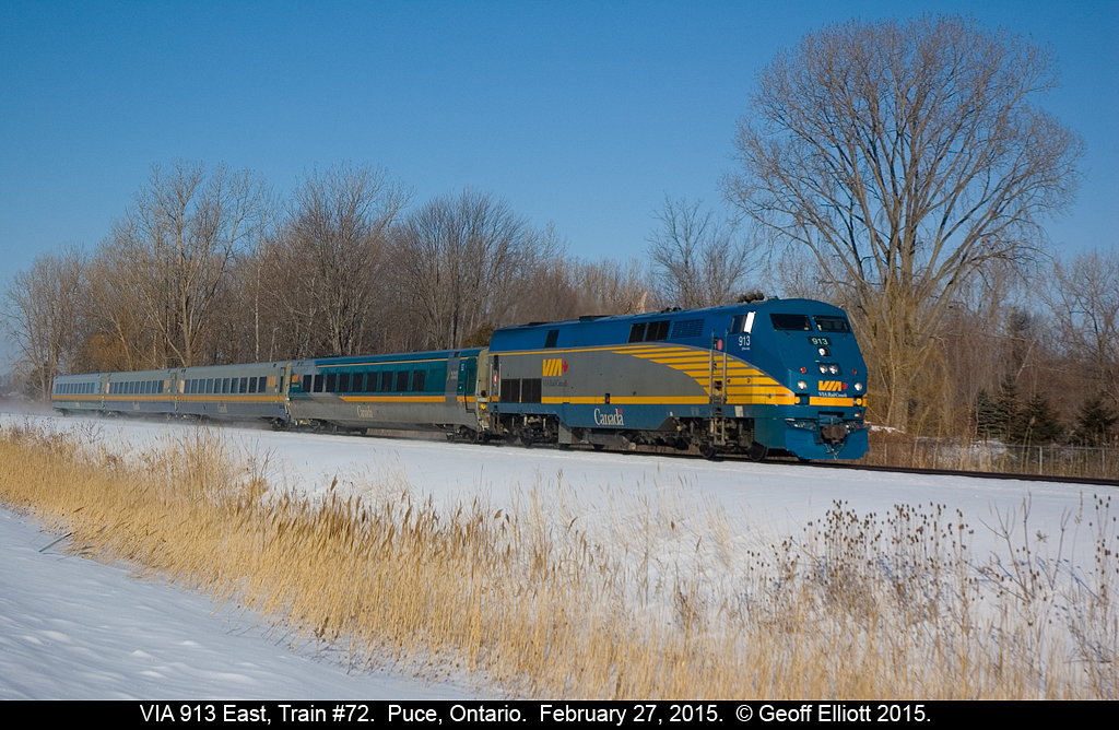 VIA #72 kicks up some snow as it rolls through Puce, Ontario in the early stages of it's run from Windsor to Toronto.