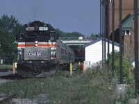 Amtrak GP40TC 197, a former GO Transit unit, is cooling its heels at Niagara Falls waiting to the Maple Leaf onward to Toronto to complete its trip from New York City. 