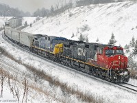 CN 2549 and CSXT 454 (lettered 'Spirit of Magnolia' lead 107's train up the grade past the west end of Beare siding and under the sleepy CP Belleville Sub. 1057hrs.